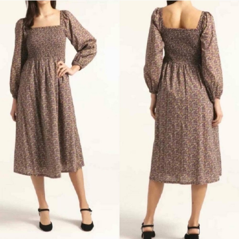 J. Crew Floral Smocked Midi Dress with Long Puff Sleeves